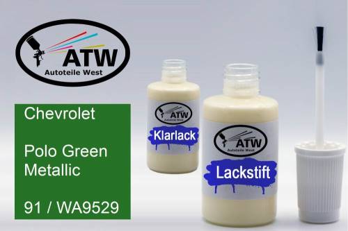 Chevrolet, Polo Green Metallic, 91 / WA9529: 20ml Lackstift + 20ml Klarlack - Set, von ATW Autoteile West.